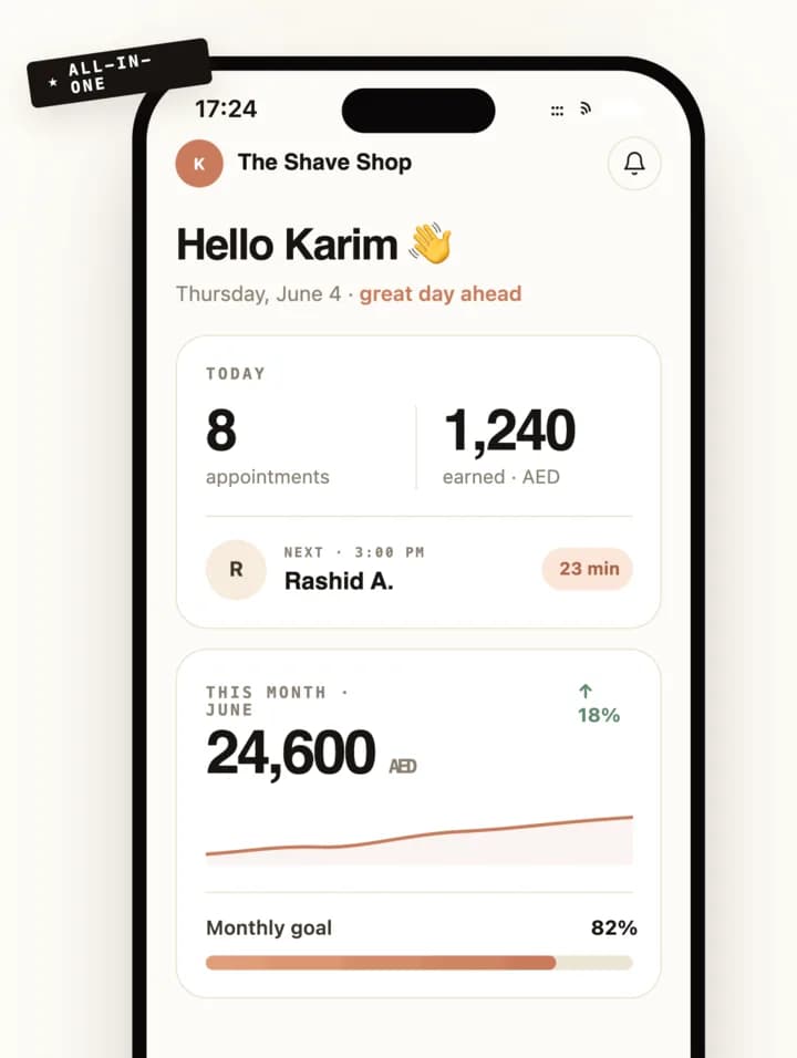 Leested Pro home screen: today's appointments, takings and the month's revenue